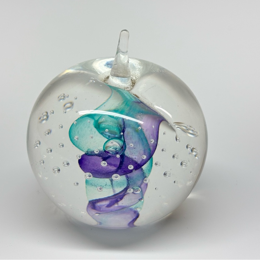 Vintage Glass Paperweight Apple Blue Purple Swirl Unsigned 2”
